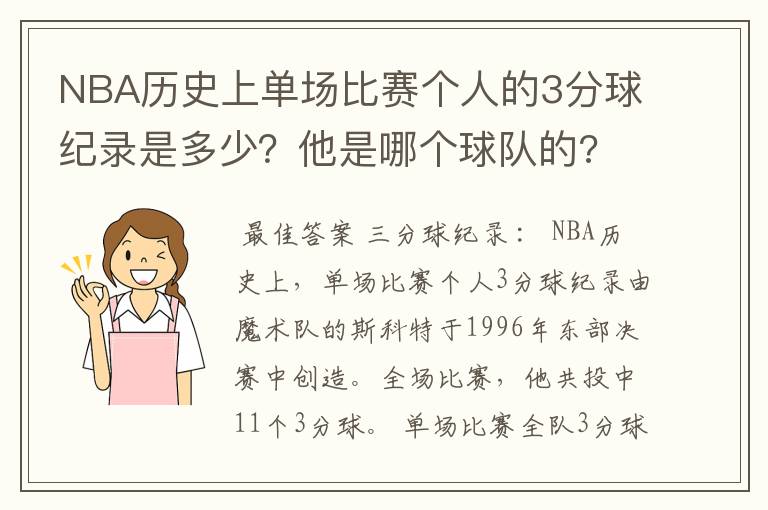 NBA历史上单场比赛个人的3分球纪录是多少?他是哪个球队的?
