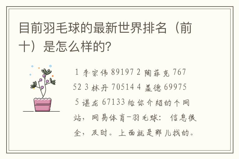 目前羽毛球的最新世界排名(前十)是怎么样的?