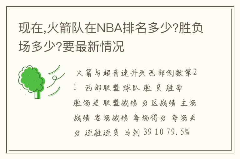 现在,火箭队在NBA排名多少?胜负场多少?要最新情况