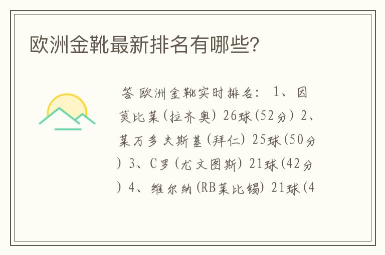 欧洲金靴最新排名有哪些?