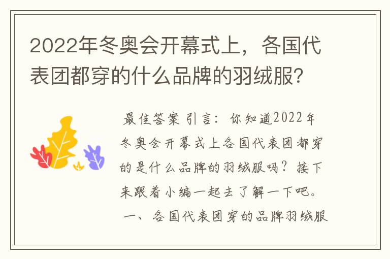 2022年冬奥会开幕式上,各国代表团都穿的什么品牌的羽绒服?