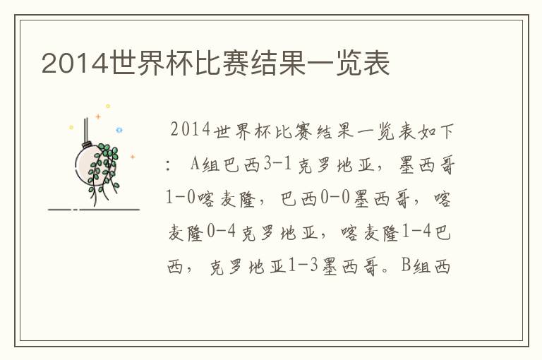 2014世界杯比赛结果一览表