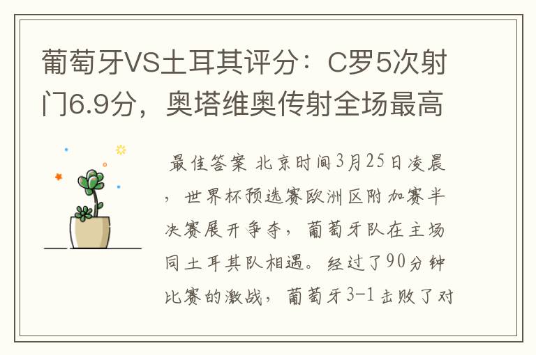 葡萄牙VS土耳其评分:C罗5次射门6.9分,奥塔维奥传射全场最高-
