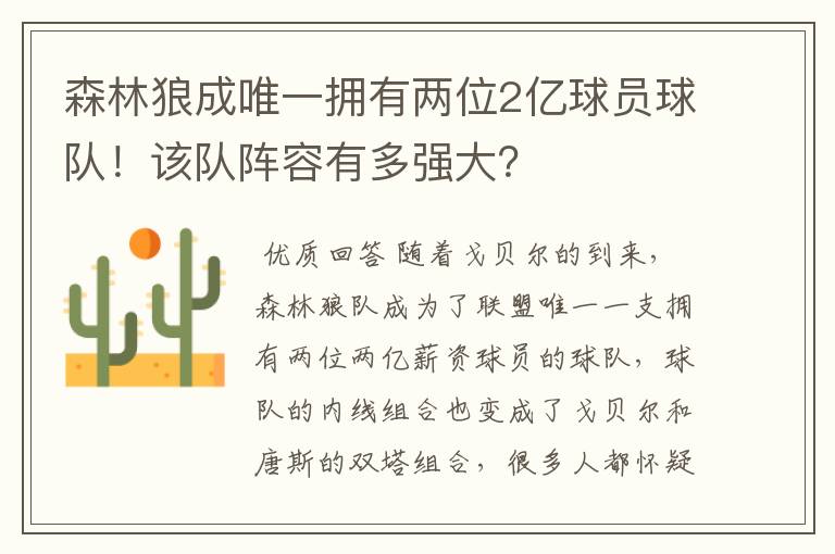 森林狼成唯一拥有两位2亿球员球队!该队阵容有多强大?