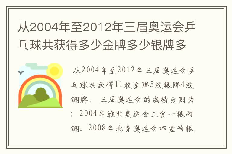 从2004年至2012年三届奥运会乒乓球共获得多少金牌多少银牌多少铜牌