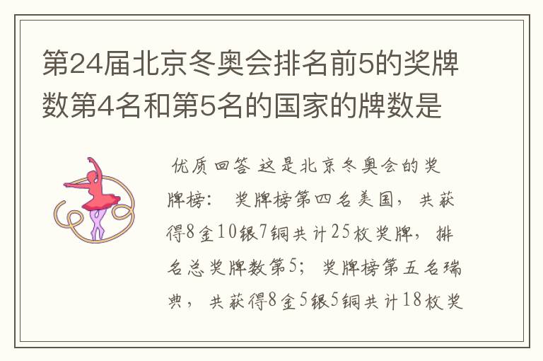 第24届北京冬奥会排名前5的奖牌数第4名和第5名的国家的牌数是多少?