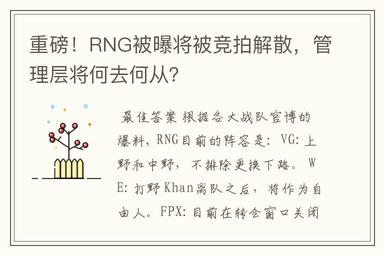重磅!RNG被曝将被竞拍解散,管理层将何去何从?