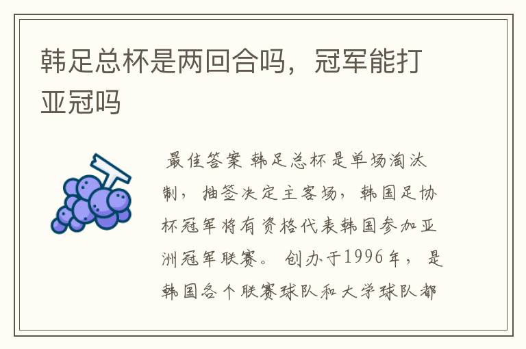 韩足总杯是两回合吗，冠军能打亚冠吗