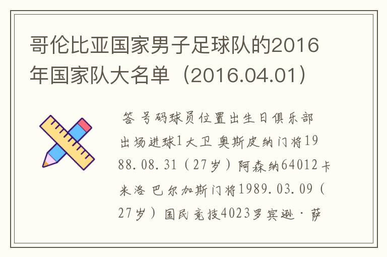 哥伦比亚国家男子足球队的2016年国家队大名单(2016.04.01)