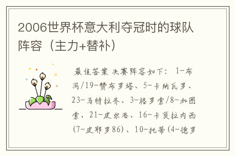 2006世界杯意大利夺冠时的球队阵容(主力+替补)
