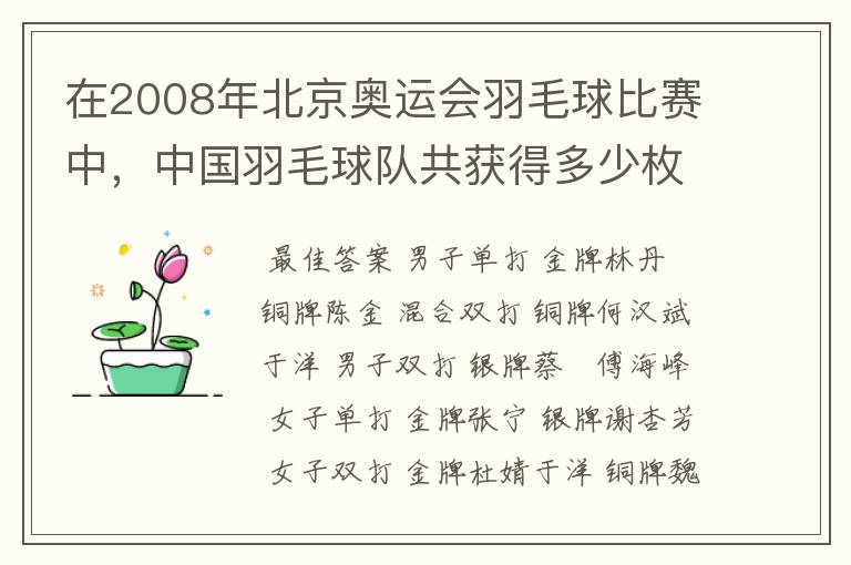 在2008年北京奥运会羽毛球比赛中,中国羽毛球队共获得多少枚奖牌?(注意是奖牌)