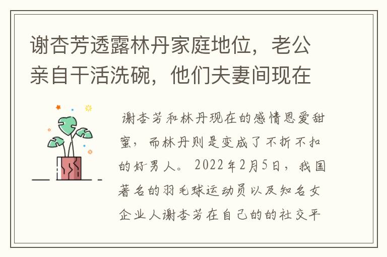 谢杏芳透露林丹家庭地位,老公亲自干活洗碗,他们夫妻间现在的感情有多好?