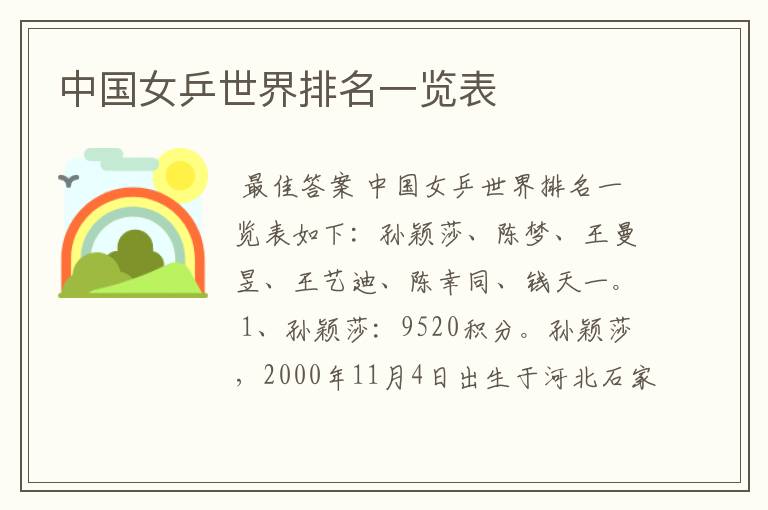 中国女乒世界排名一览表