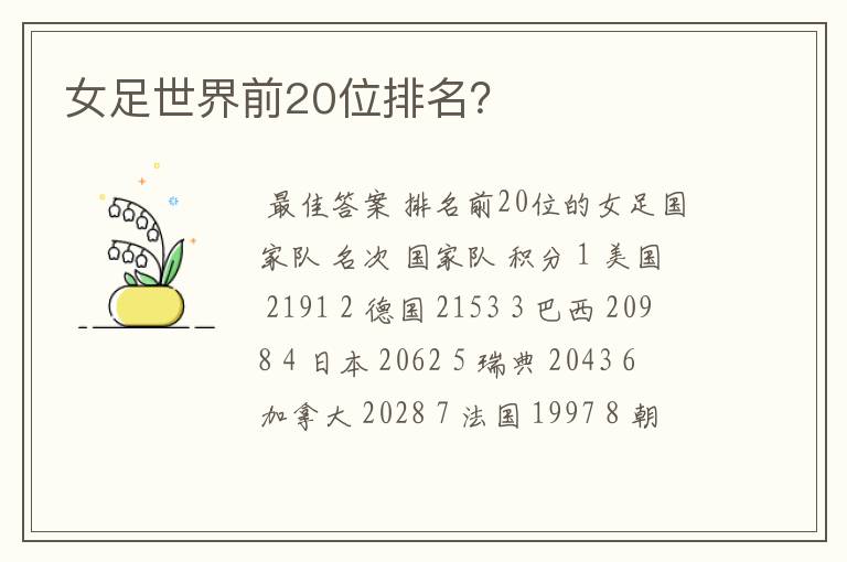 女足世界前20位排名?