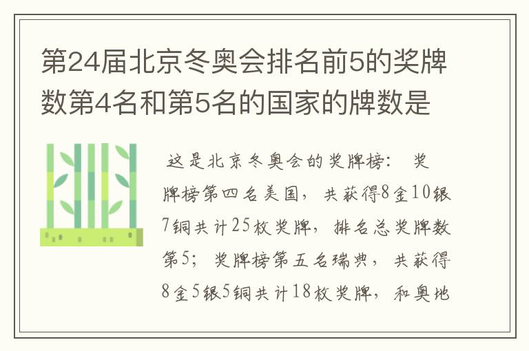 第24届北京冬奥会排名前5的奖牌数第4名和第5名的国家的牌数是多少?