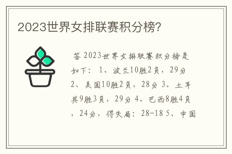 2023世界女排联赛积分榜?