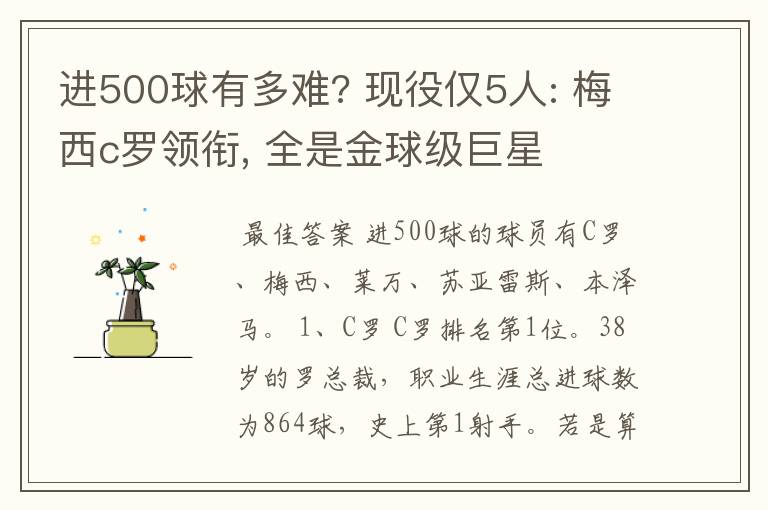 进500球有多难? 现役仅5人: 梅西c罗领衔, 全是金球级巨星