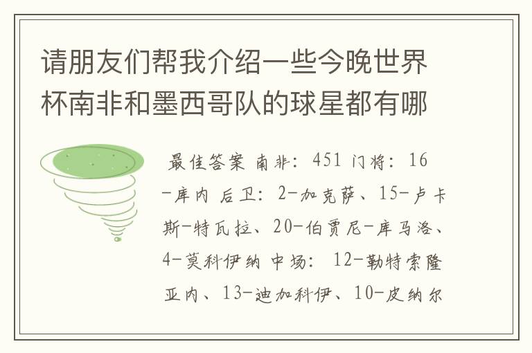 请朋友们帮我介绍一些今晚世界杯南非和墨西哥队的球星都有哪些?