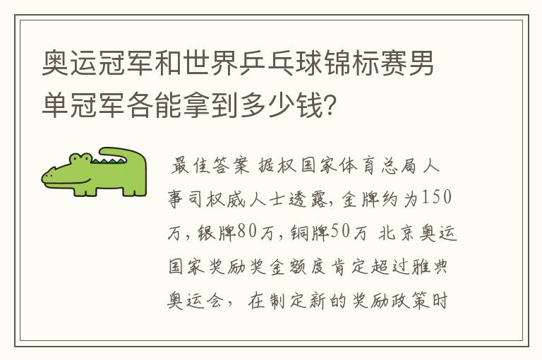 奥运冠军和世界乒乓球锦标赛男单冠军各能拿到多少钱?