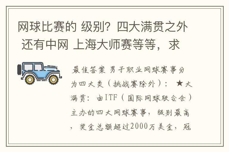 网球比赛的 级别?四大满贯之外 还有中网 上海大师赛等等,求详细的级别序列?