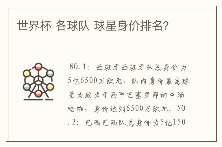 世界杯 各球队 球星身价排名?