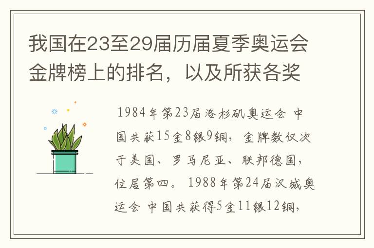 我国在23至29届历届夏季奥运会金牌榜上的排名,以及所获各奖牌总数,奖牌分布等情况