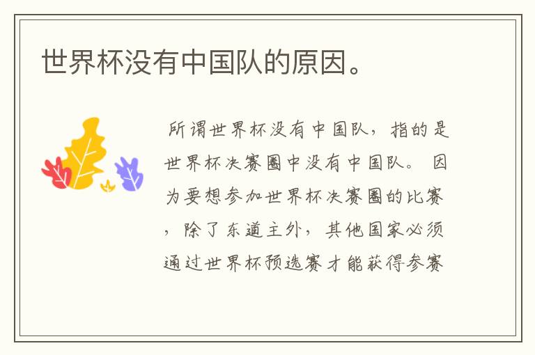 世界杯没有中国队的原因。