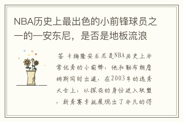 NBA历史上最出色的小前锋球员之一的—安东尼,是否是地板流浪员?