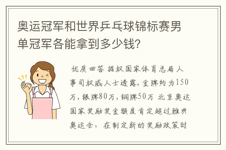 奥运冠军和世界乒乓球锦标赛男单冠军各能拿到多少钱?