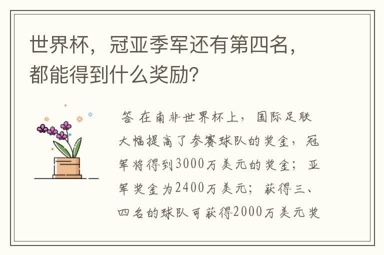 世界杯,冠亚季军还有第四名,都能得到什么奖励?
