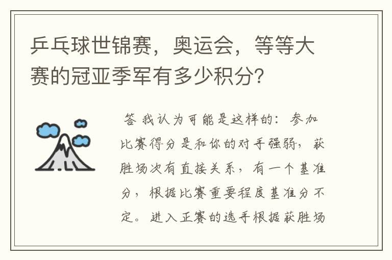 乒乓球世锦赛,奥运会,等等大赛的冠亚季军有多少积分?