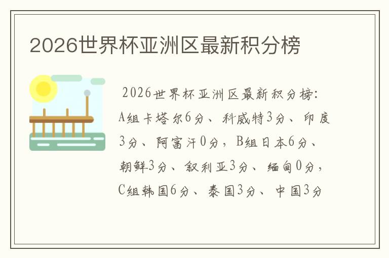 2026世界杯亚洲区最新积分榜