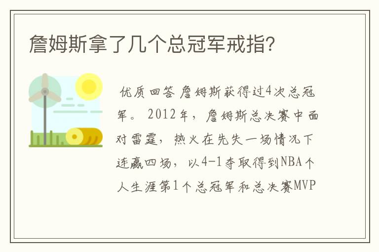 詹姆斯拿了几个总冠军戒指?