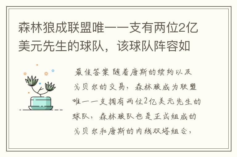 森林狼成联盟唯一一支有两位2亿美元先生的球队,该球队阵容如何?