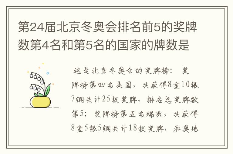 第24届北京冬奥会排名前5的奖牌数第4名和第5名的国家的牌数是多少?