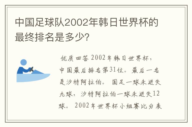 中国足球队2002年韩日世界杯的最终排名是多少?