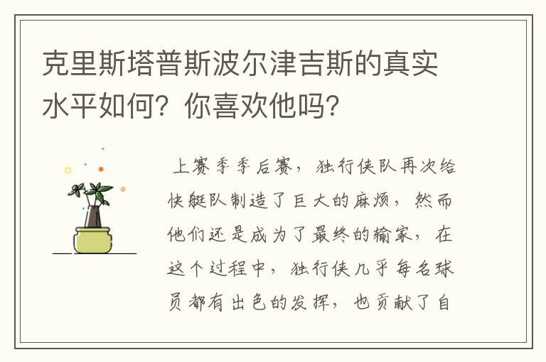 克里斯塔普斯波尔津吉斯的真实水平如何?你喜欢他吗?