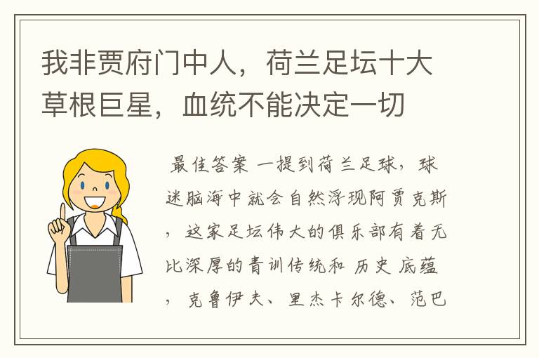 我非贾府门中人,荷兰足坛十大草根巨星,血统不能决定一切