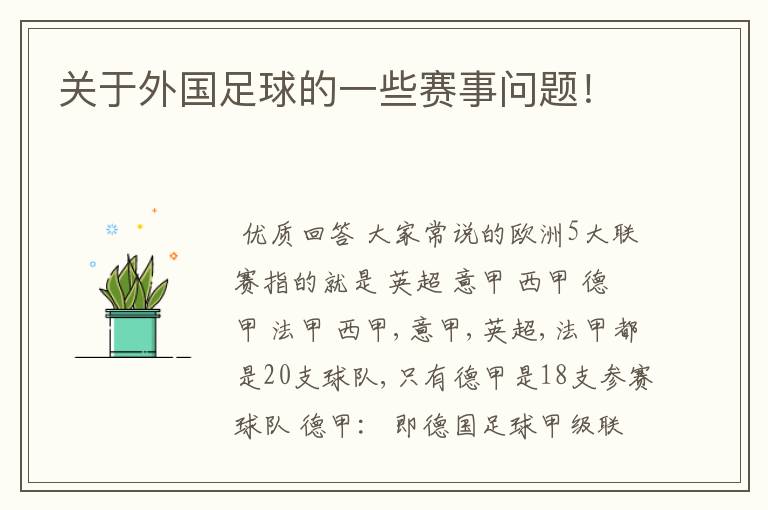 关于外国足球的一些赛事问题！