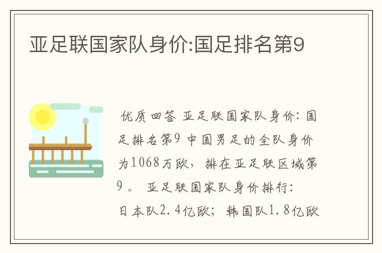 亚足联国家队身价:国足排名第9
