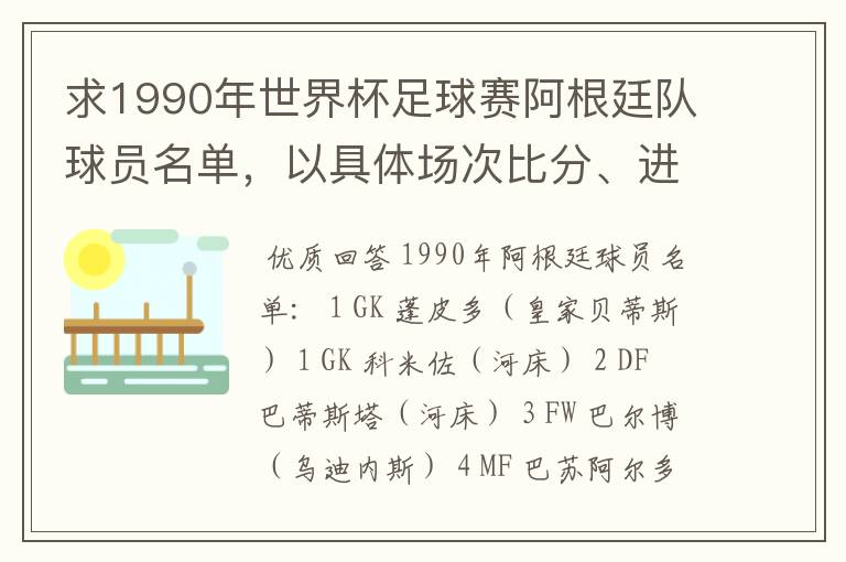 求1990年世界杯足球赛阿根廷队球员名单,以具体场次比分、进球者