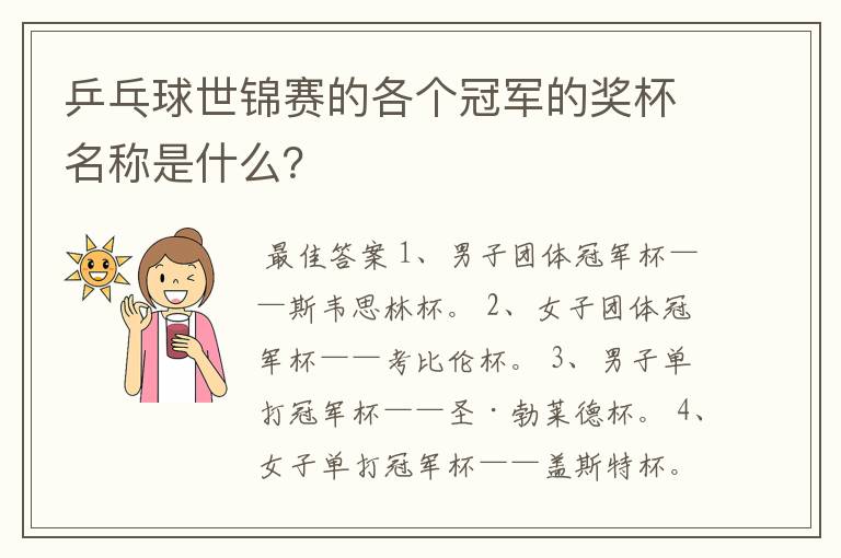 乒乓球世锦赛的各个冠军的奖杯名称是什么?