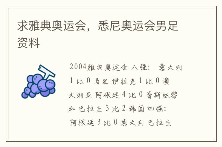 求雅典奥运会,悉尼奥运会男足资料