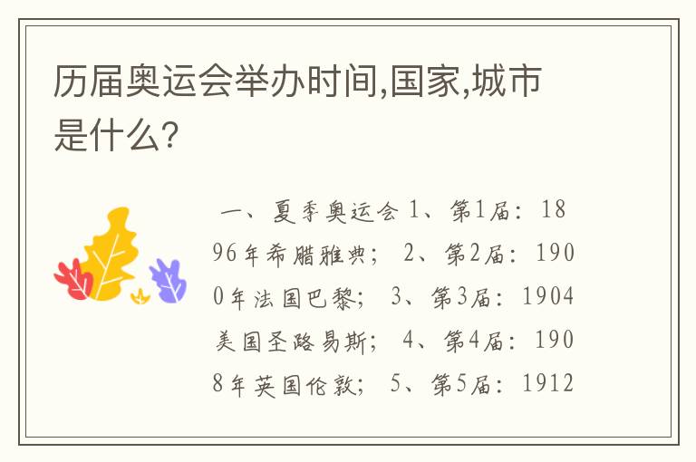 历届奥运会举办时间,国家,城市是什么?
