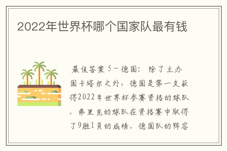 2022年世界杯哪个国家队最有钱