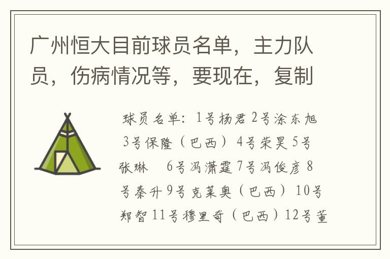 广州恒大目前球员名单,主力队员,伤病情况等,要现在,复制的别来!