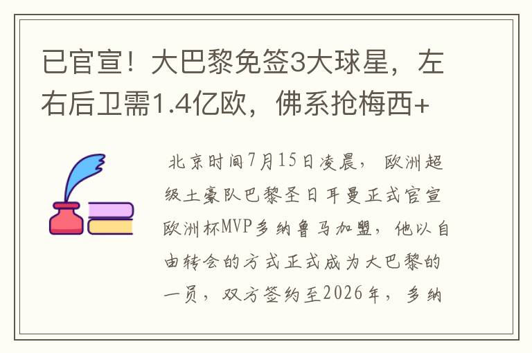 已官宣!大巴黎免签3大球星,左右后卫需1.4亿欧,佛系抢梅西+C罗