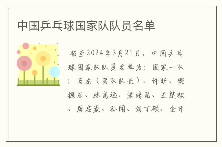 中国乒乓球国家队队员名单