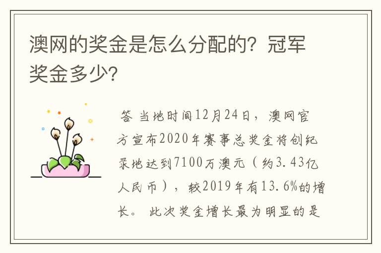 澳网的奖金是怎么分配的?冠军奖金多少?