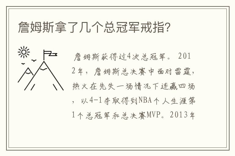 詹姆斯拿了几个总冠军戒指?